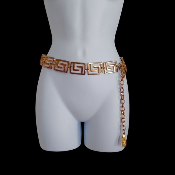Vintage EXP Korea Patina Metal Greek Key Pattern Statement Belt - Picture 5 of 10